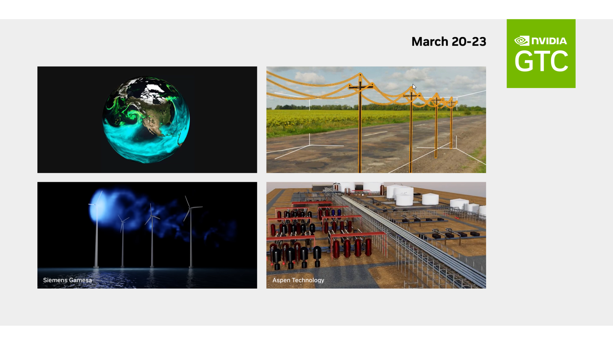 A promo slide with 4 illustrations: the globe, windmills, power lines and energy factory.