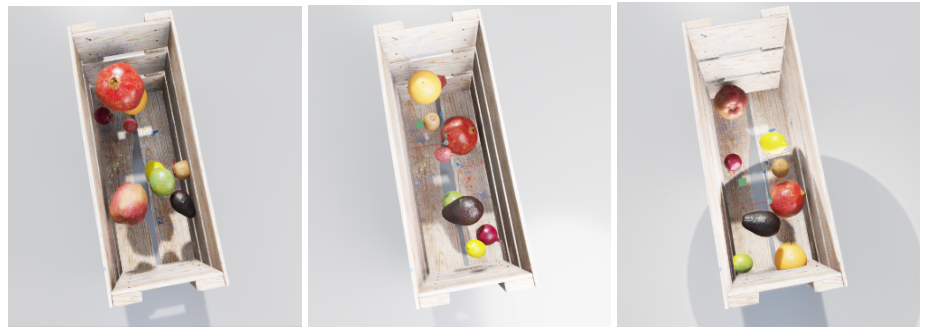 Three fruit crates with clear variations in lighting.