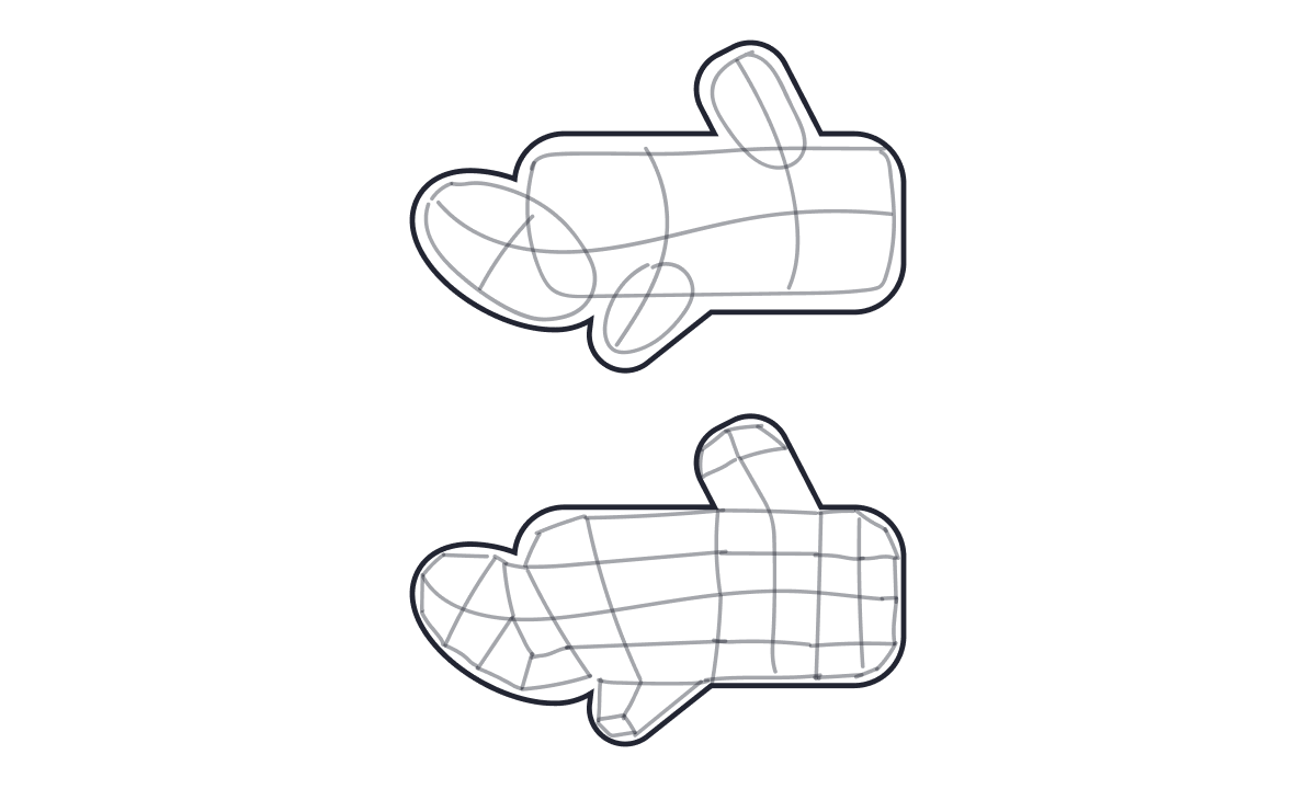 Sketch comparison of a low-poly version and a high-poly version of the same model.
