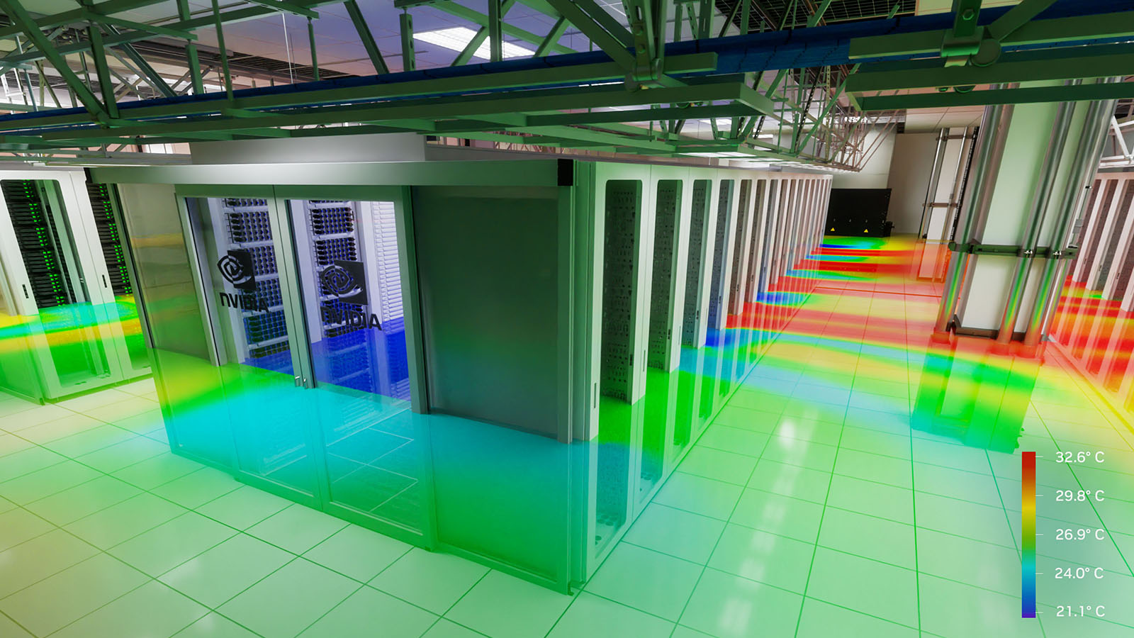 Illustration of a server room with an overlay of colors representing different temperatures.
