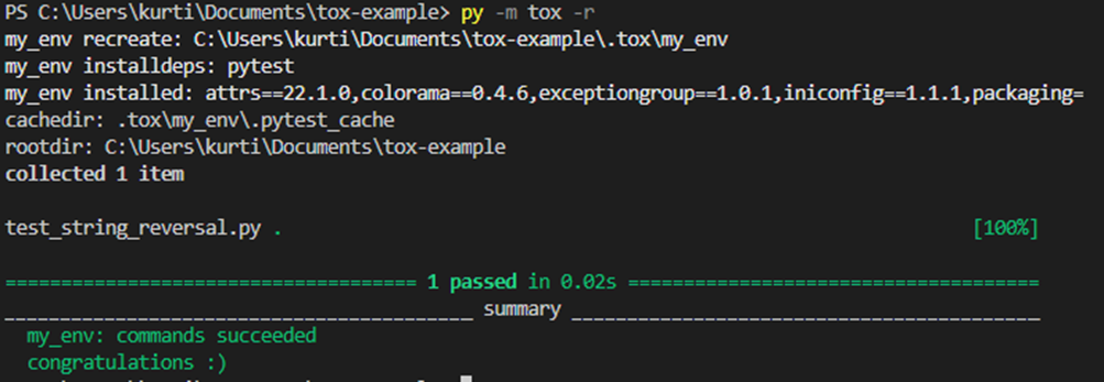 Screenshot of results of a successful tox execution with all tests passing.