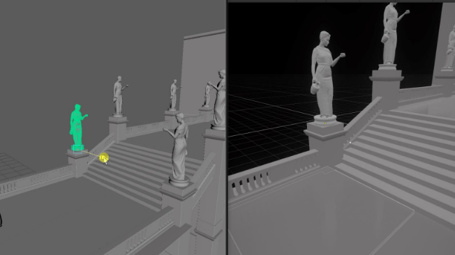 Screenshot shows USD user interface editing a bridge with statues.