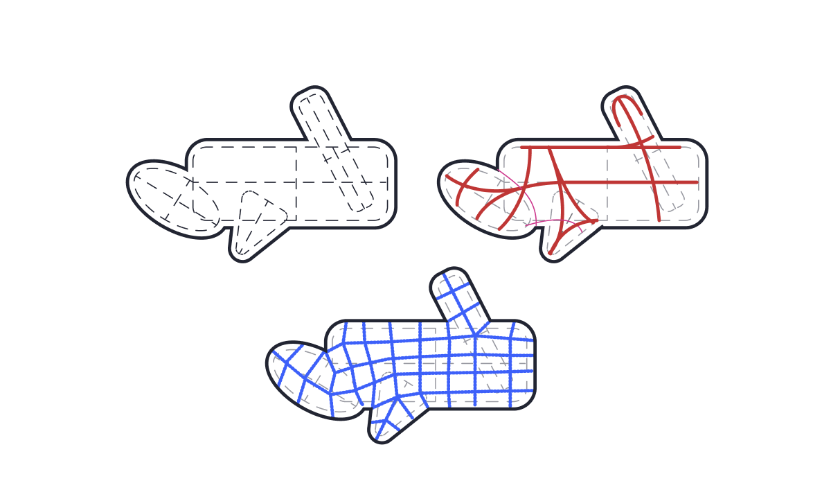 Sketch of three models showing the automatic retopology in Shapeyard.
