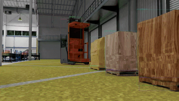 A GIF showing an illustrated warehouse from a low view point with flashing lights and colors.