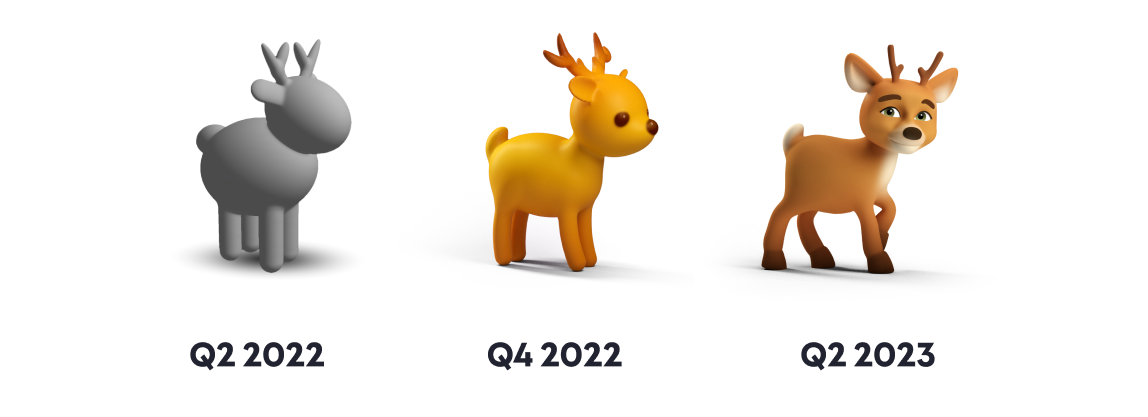 Three 3D models of a deer, including a basic gray model created with simple primitives and a fully in-game ready asset.
