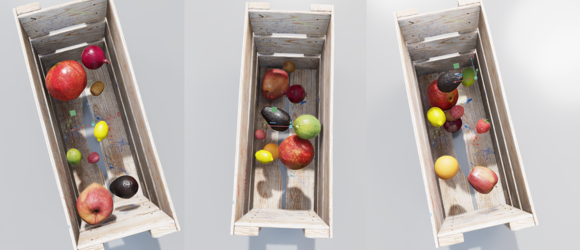 Three fruit crates, each showing a slightly different view as the orientation of the camera changes. 