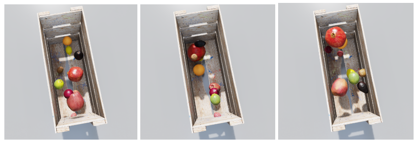 Three images show variations of the fruits placed in the crate, some overlapping and in different orientations. 