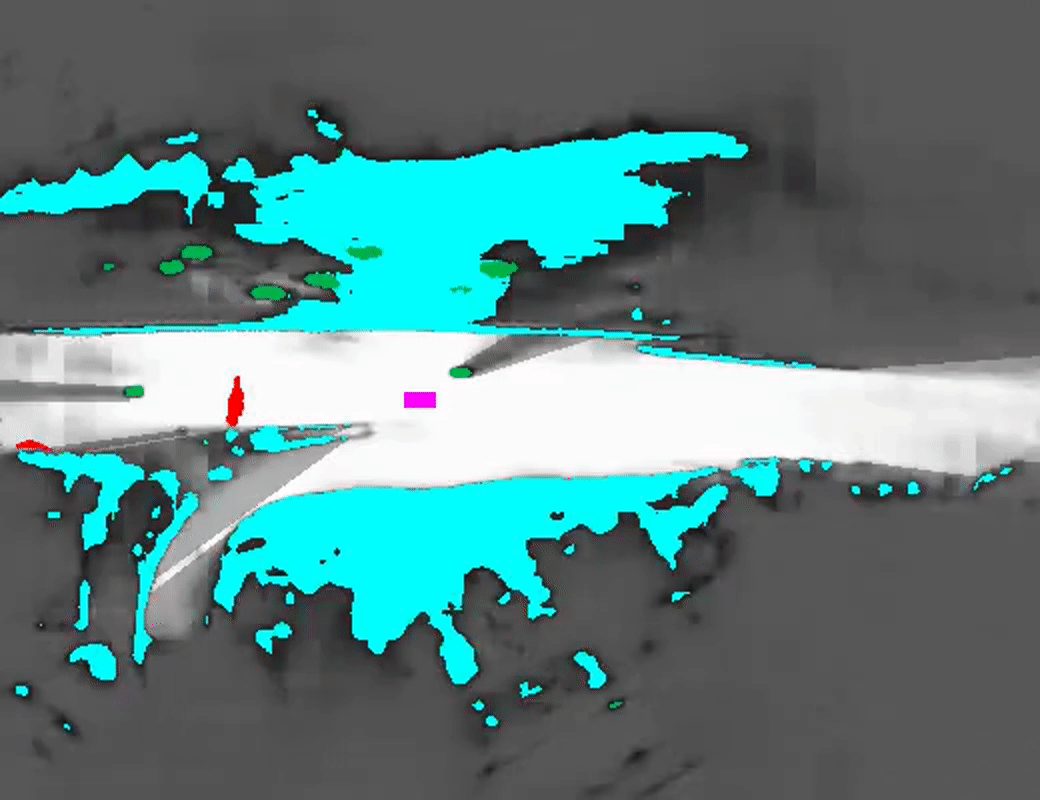 A GIF of an occupancy probability map overlaid with fine-grained semantic segmentation showing the ego vehicle (purple), other vehicles (green), general obstacles (blue), and elevated obstacles (red).