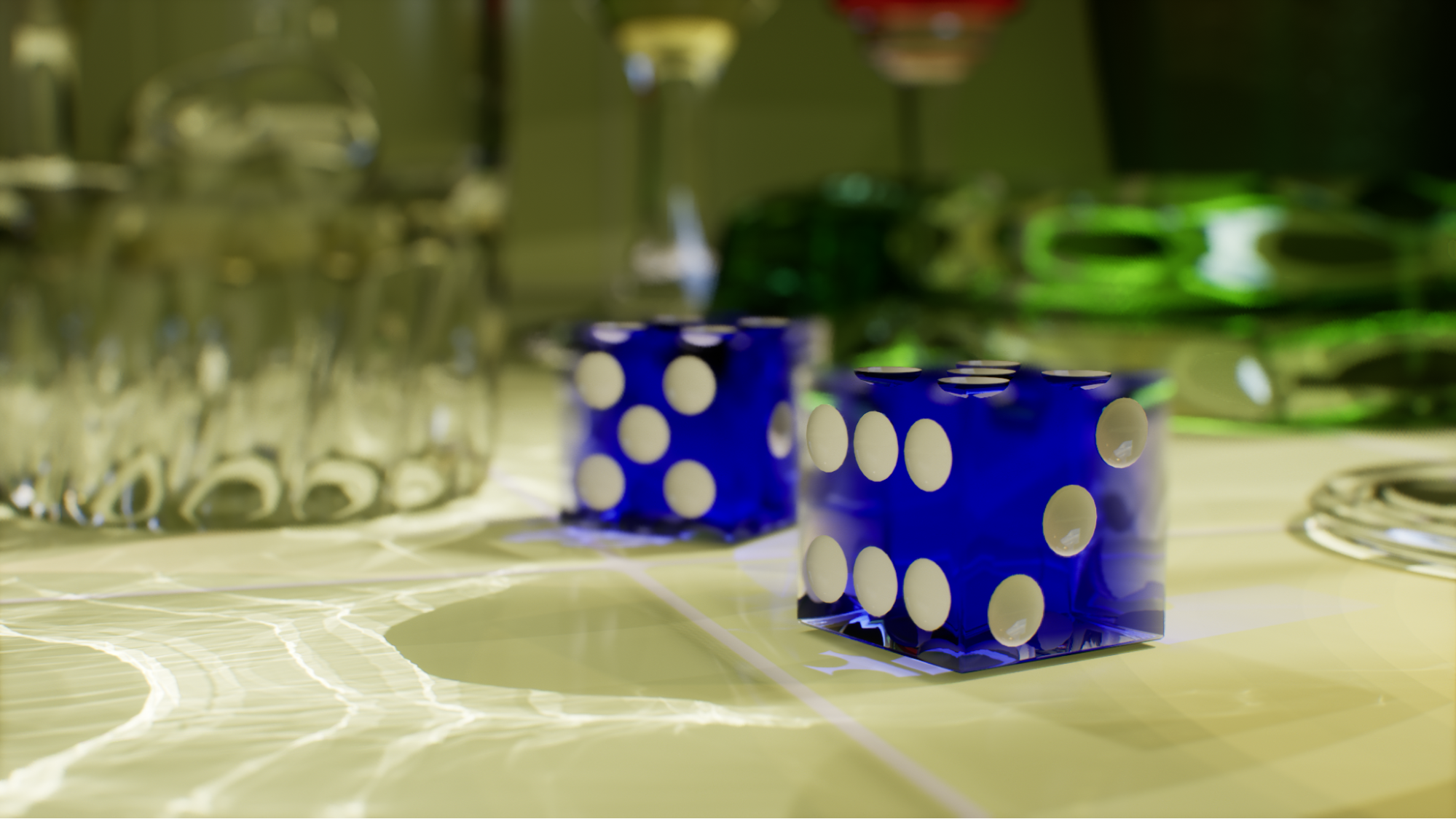 Close up caustics raster depth of field image of translucent blue dice on table surrounded by glass objects.