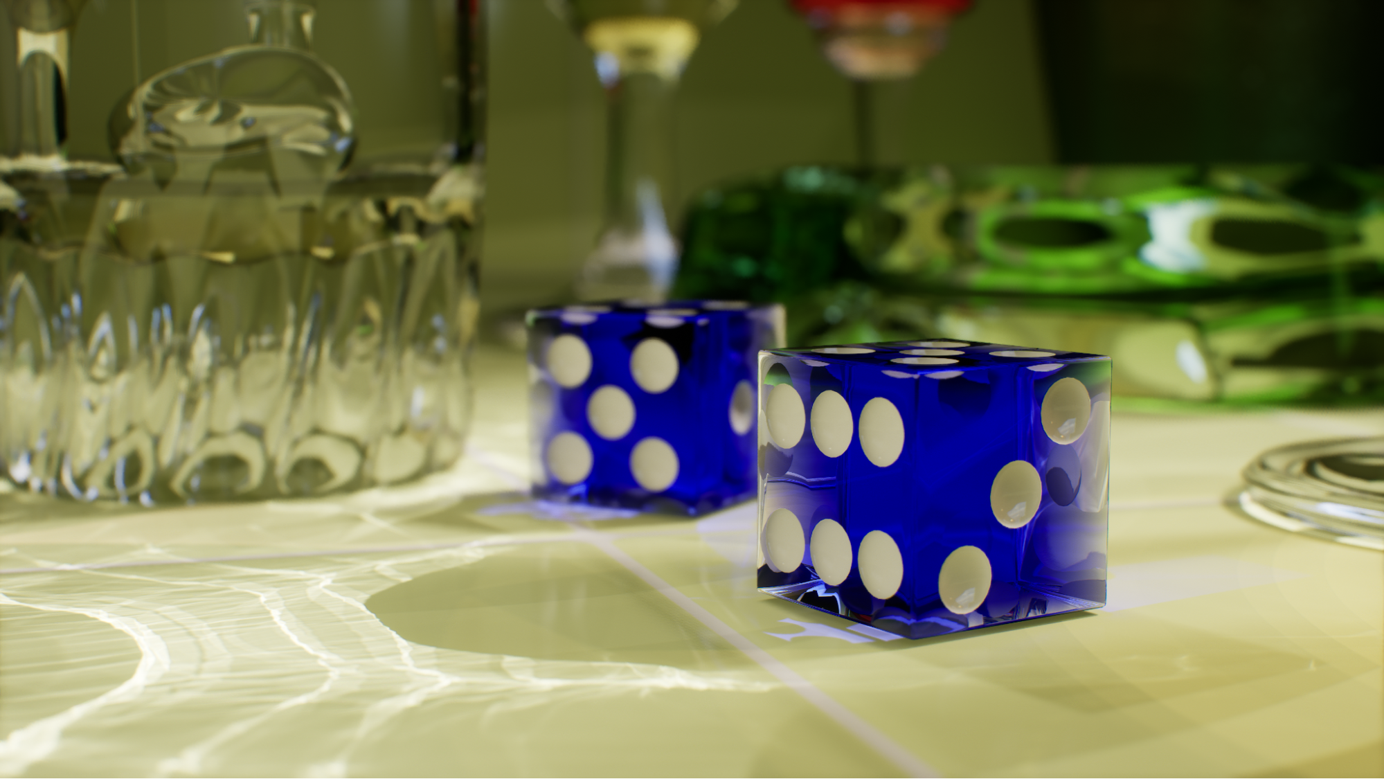 Close up caustics ray-traced depth of field image of translucent blue dice on table surrounded by glass objects.