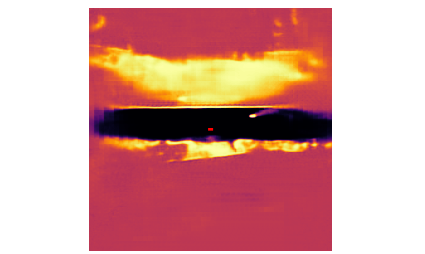 Figure 2. Inferred dense occupancy probability map, with dark areas showing low probability, bright areas showing high probability, and red areas showing uncertain probability.