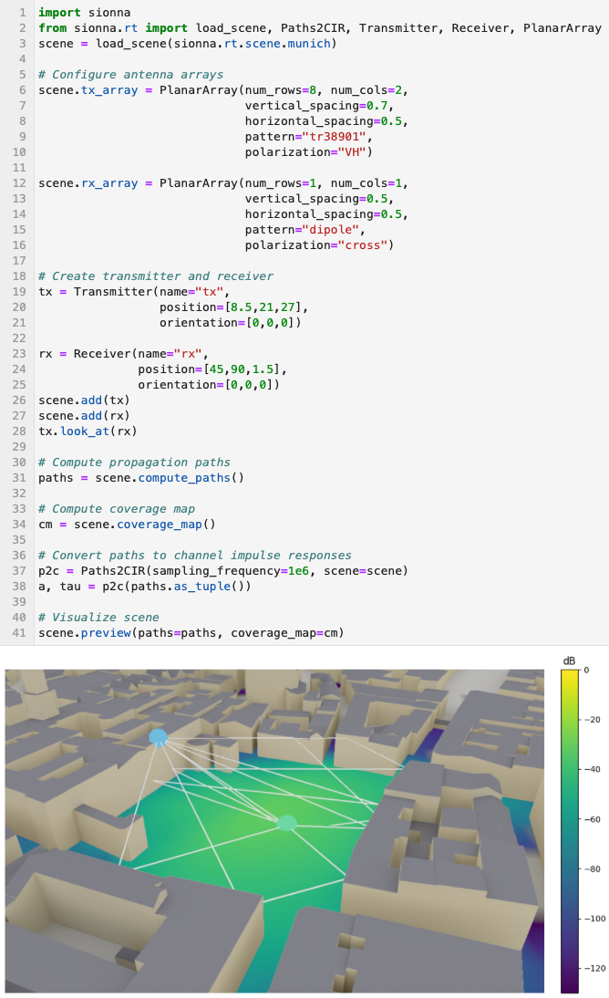 Image of code that relates to a screenshot of a scene with ray-traced lines.