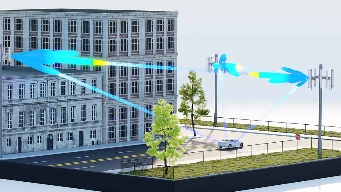 A graphic of a business building, car, and telecommunications pole with a beam connecting them.