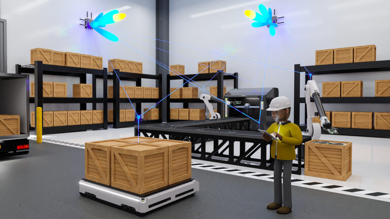 A 3D cartoon image of a factory floor with boxes on pallets, a worker with a clipboard, and lights targeting everything's location.