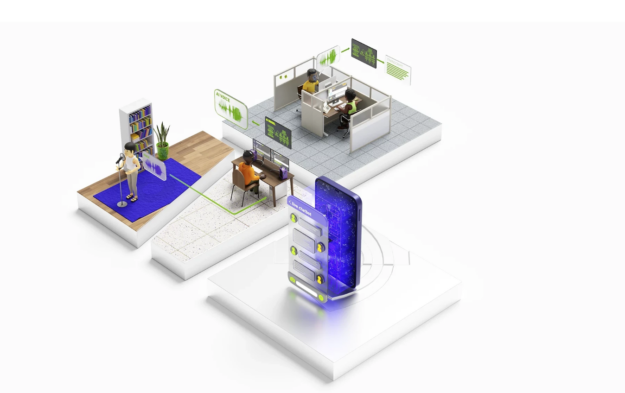 Top view of animated use cases for conversational AI: chatbots, transcription, call centers, and so on.