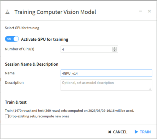 Screenshot of Dataiku interface for activating GPUs for deep learning model training. 
