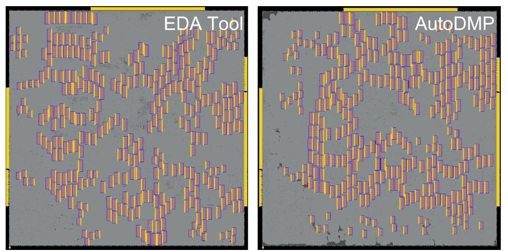 Two images, one showing the placement obtained with the EDA tool and the other with AutoDMP.