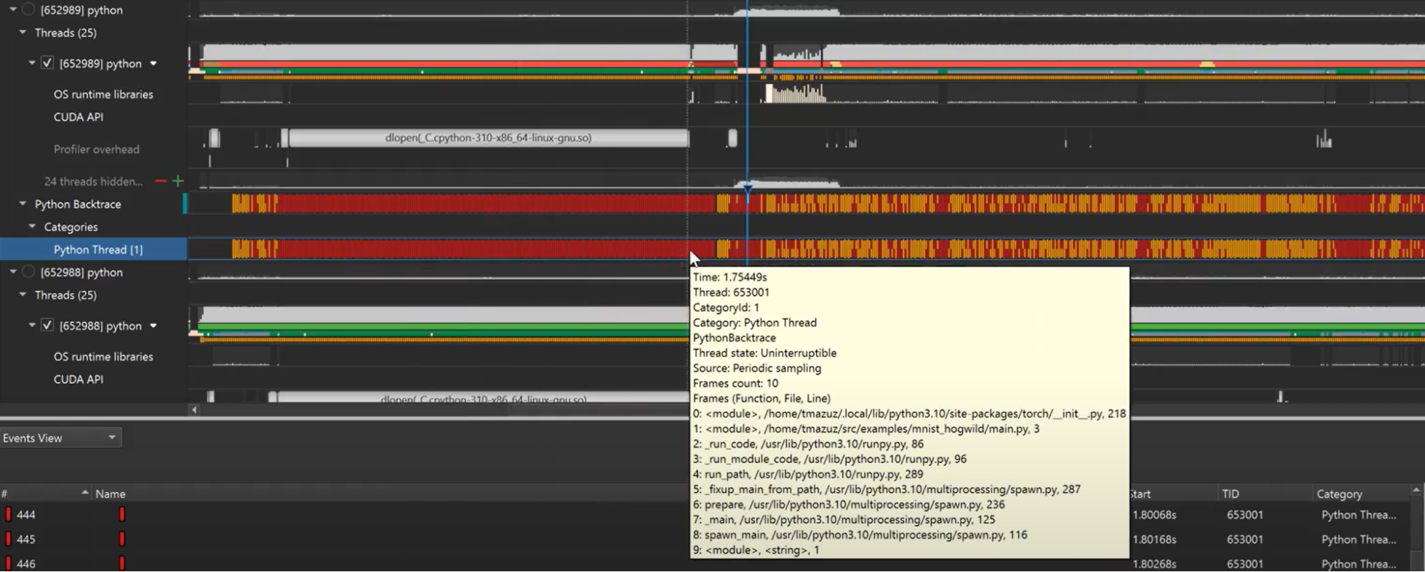 Nsight Systems dashboard view of Python profiling.