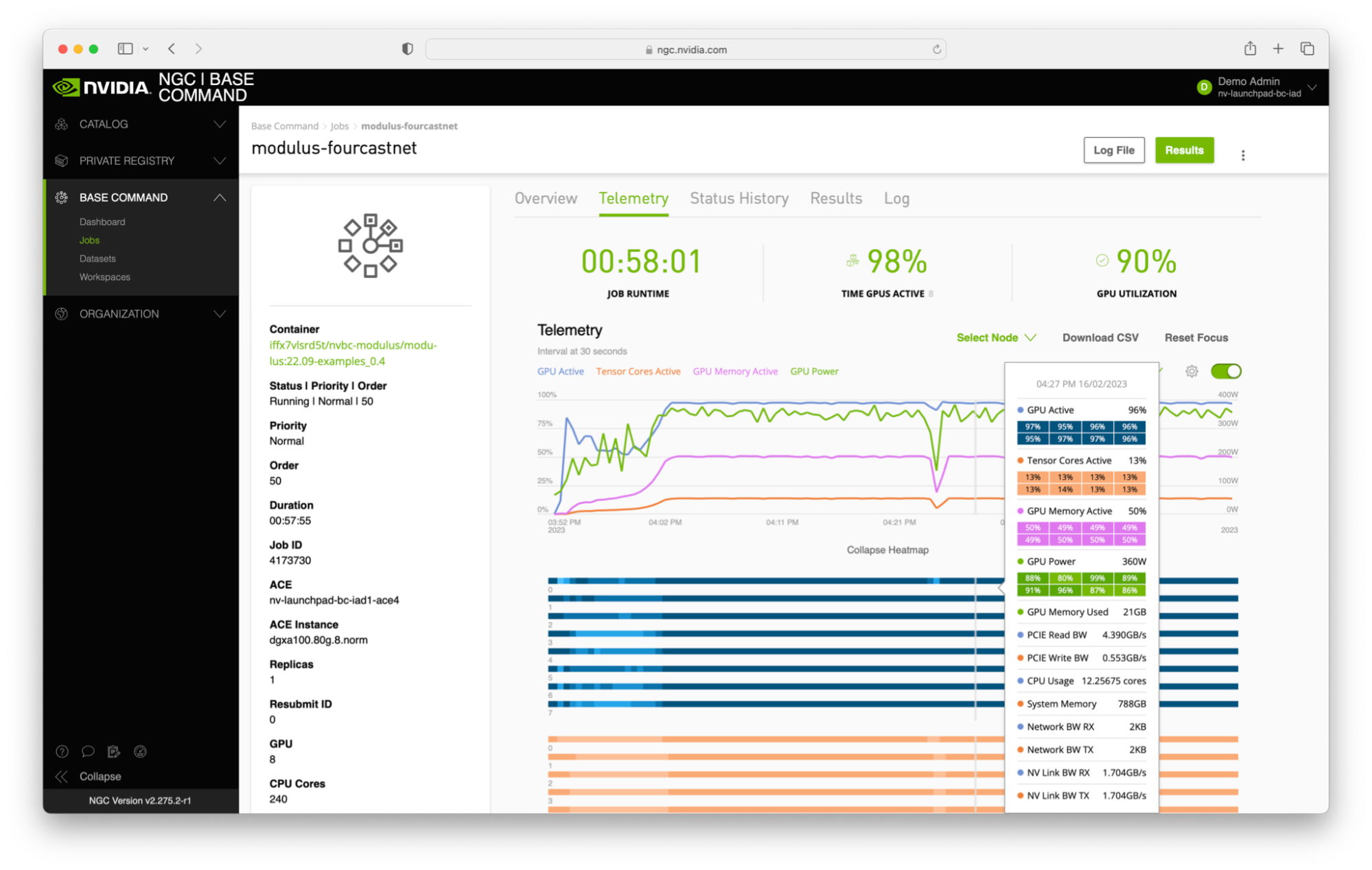 A web browser screenshot showing the telemetry page of a FourCastNet job running on NVIDIA Base Command Platform with an additional panel showing various system activity metrics.