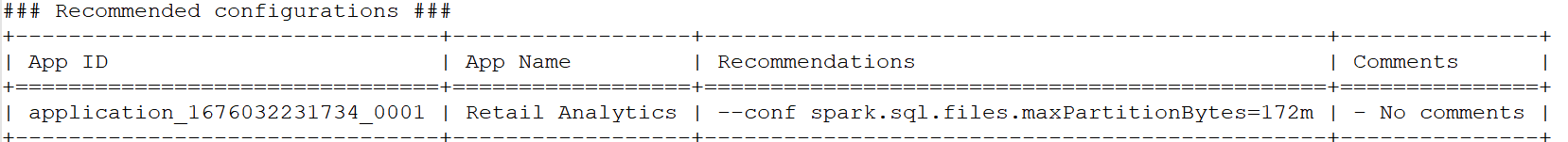 Screenshot of recommended configuration settings output: --conf spark.sql.files.maxPartitionBytes=172m.