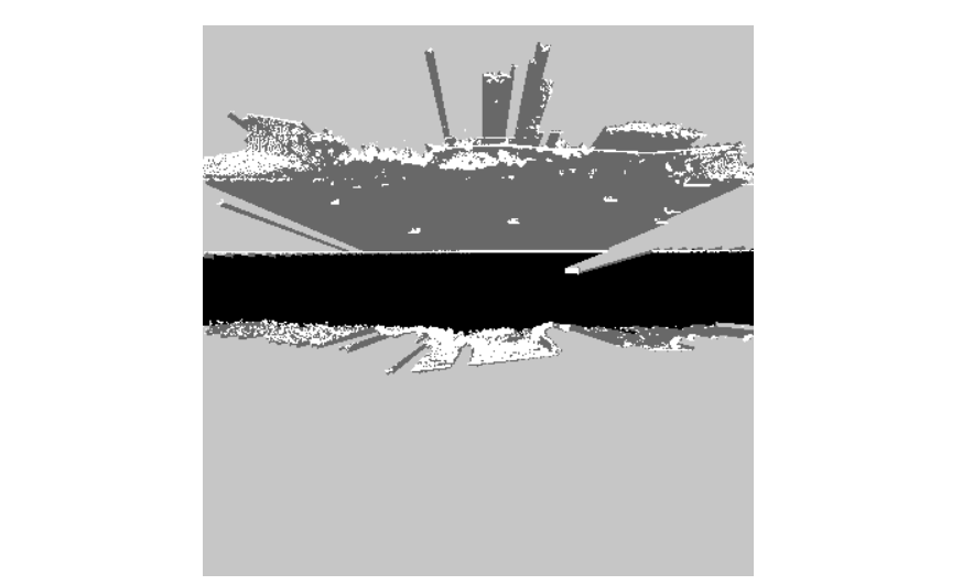 Visual representation of a semi-automatically generated occupancy training label, including observed and free areas (black), observed and occupied areas (white), unobserved areas (light gray), and partially observed areas (dark gray).