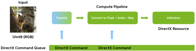 The compute pipeline contains steps for transferring, converting to float + scale + bias, and inference.
