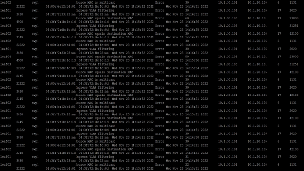 Screenshot of a long list of events with 11 columns of data returned as a command-line result.