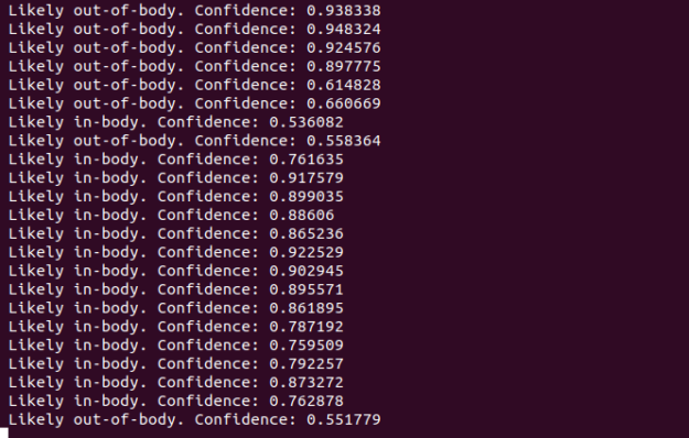 Image of command-line results from the out-of-body application.