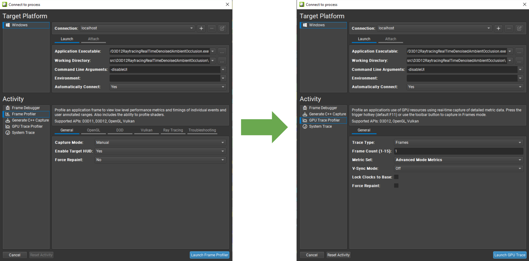 Diagram shows the differences between launcher dialogs in consecutive versions of Nsight Graphics. On the left, Nsight Graphics 2022.7, showing the Frame Profiler’s launch settings. On the right, Nsight Graphics 2023.1, showing the GPU Trace launch settings.