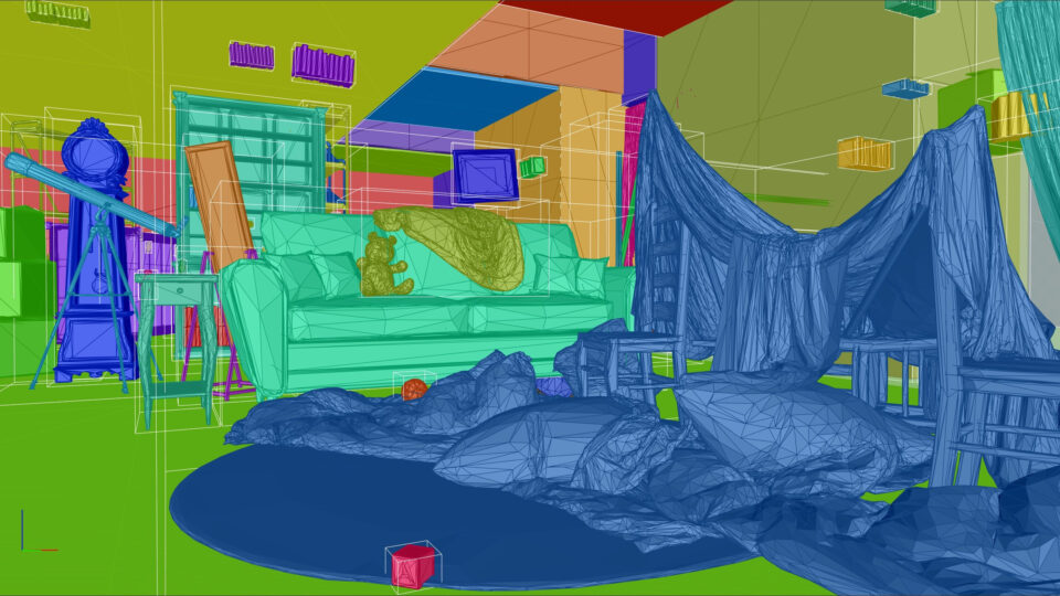 An indoor living room scene showing a rough digital sketch of a sofa, kids toys and blanket fort.