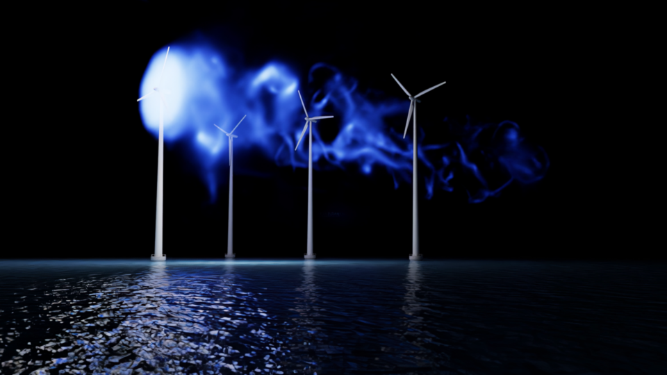 Image of wind turbines over water with moonlight and visible wind movement.
