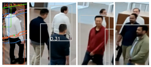 Four snapshots show a person with a white shirt and tracking label, the same person in a group of three heading away from the camera; the same person behind another; and the same person heading toward the camera with two others.