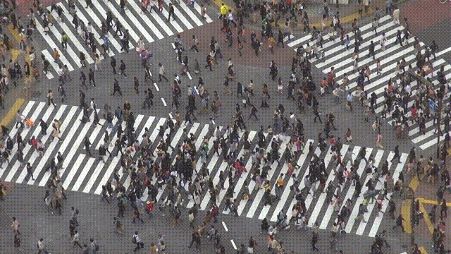GIF of a crowd moving through a triangle of pedestrian walkways in an intersection.