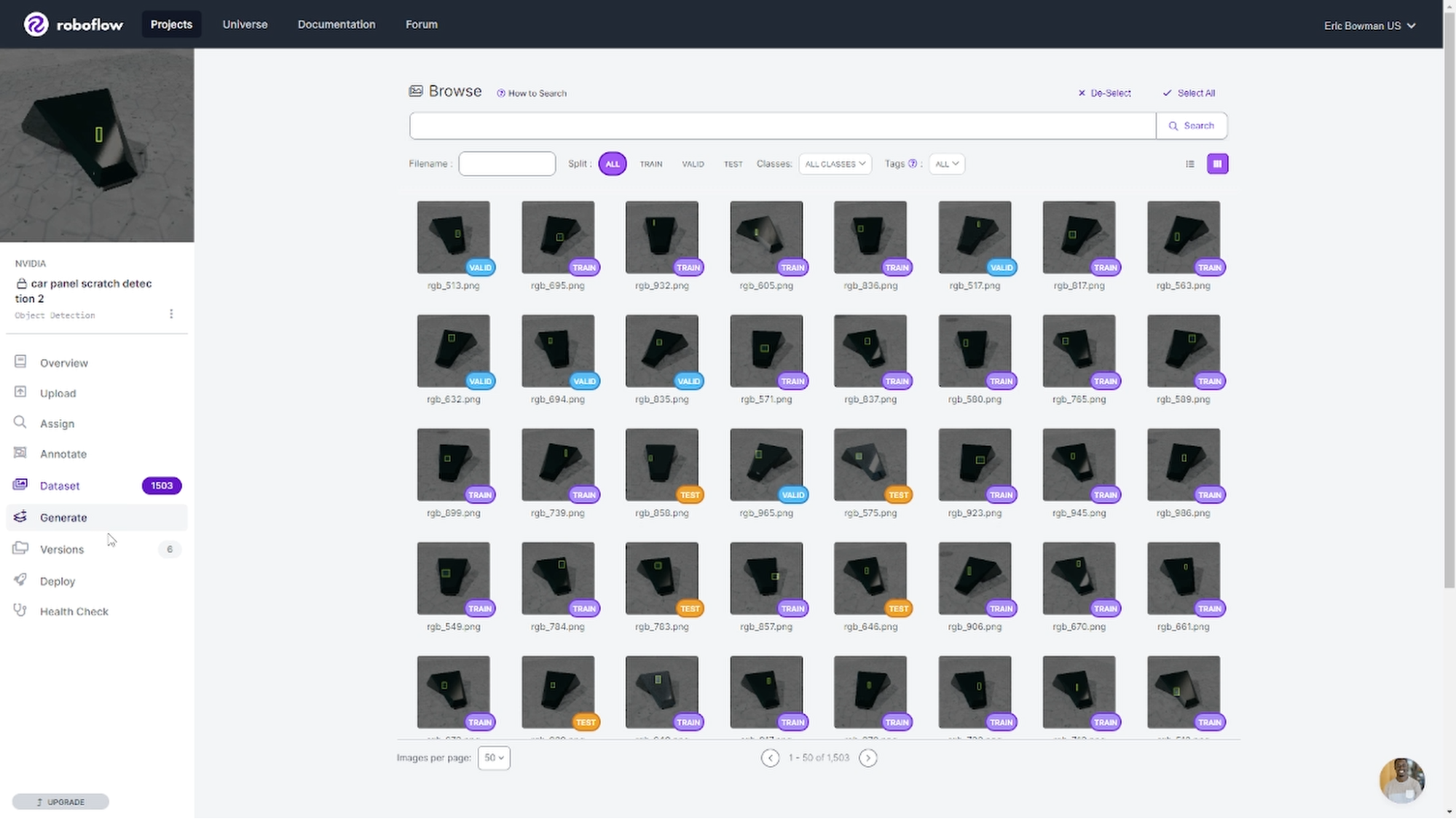 A screenshot of the Roboflow project window where you can review data sets.