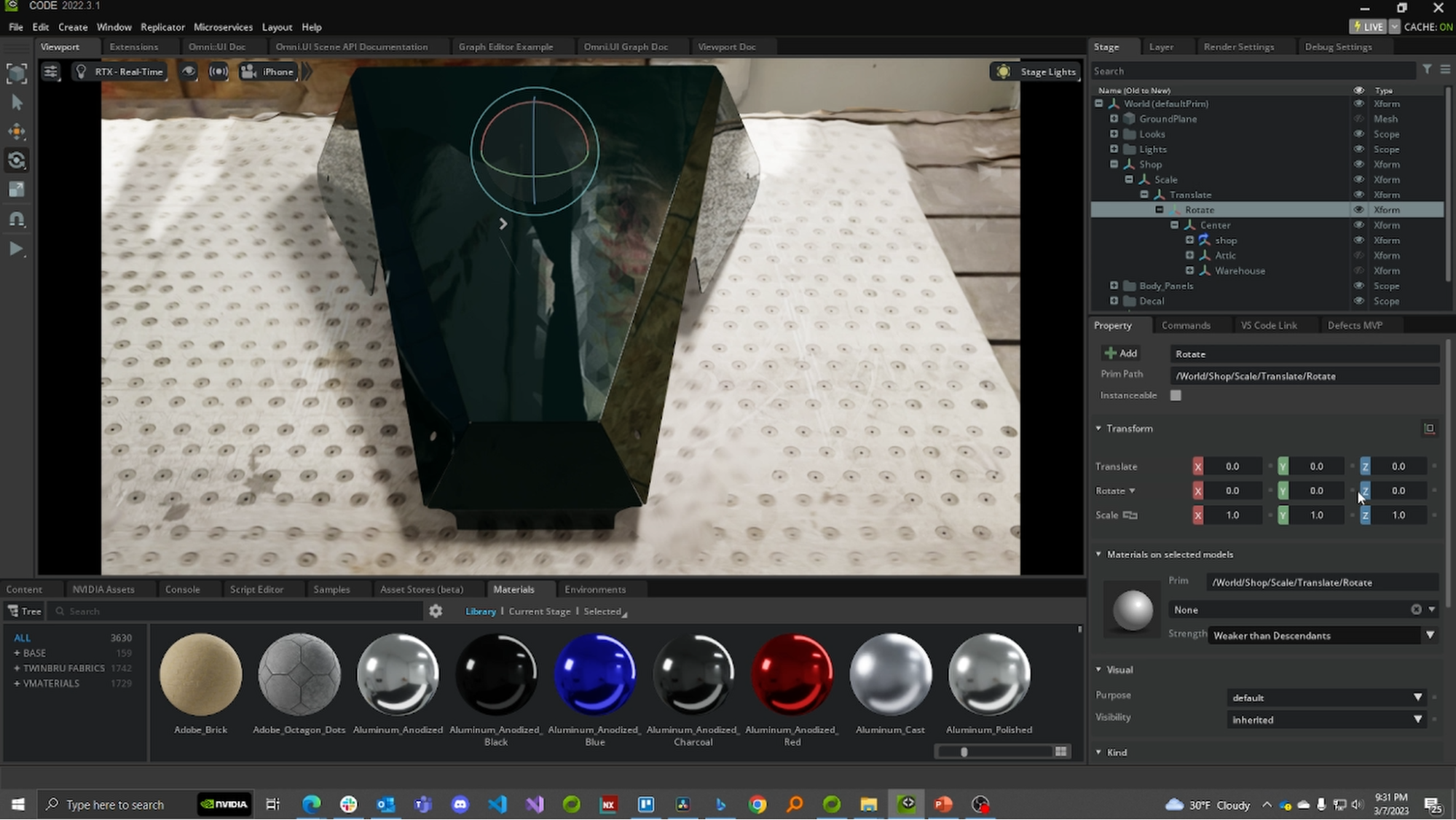 A screenshot of a USD scene assembled in Omniverse with material applied to the panel and placed in a workshop scan