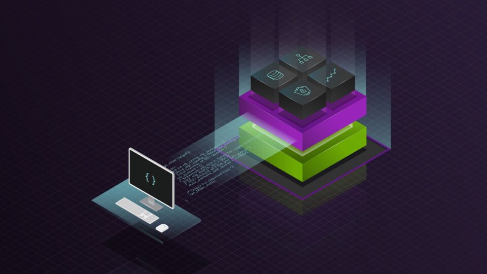 A graphic of a computer sending code to multiple stacks.