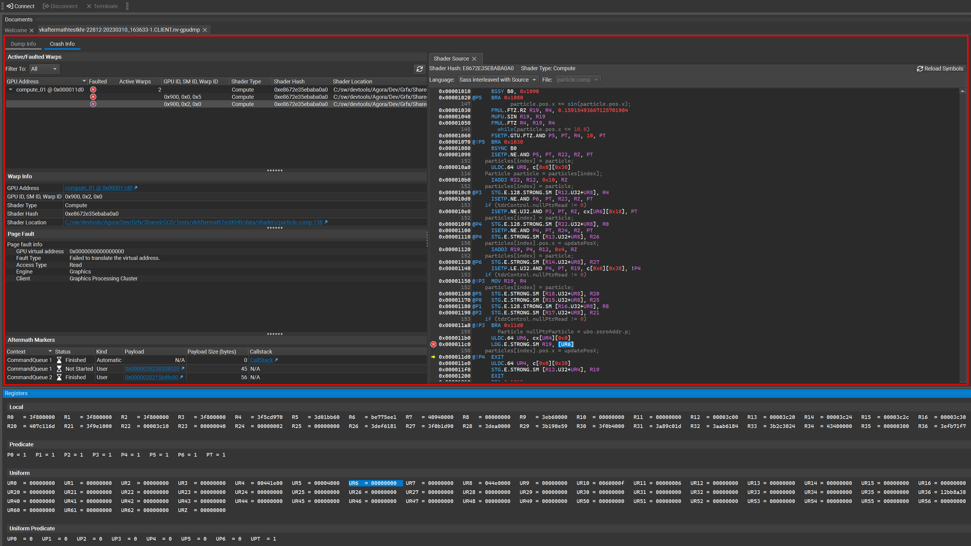 Screenshot of a SM register profiling in Nsight Aftermath SDK.