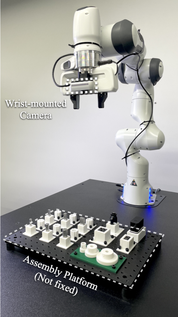 A robot arm overlooking a set of mechanical parts.