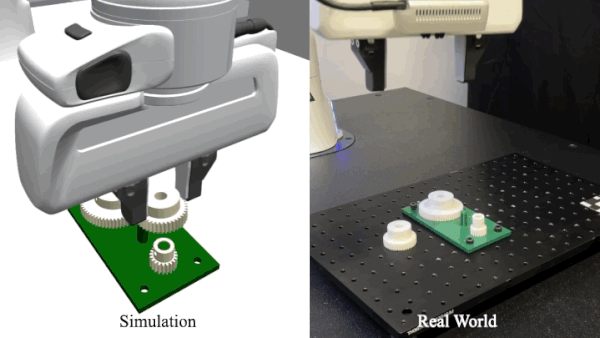 A side-by-side simulated and video version of robotics hands assembling pieces.