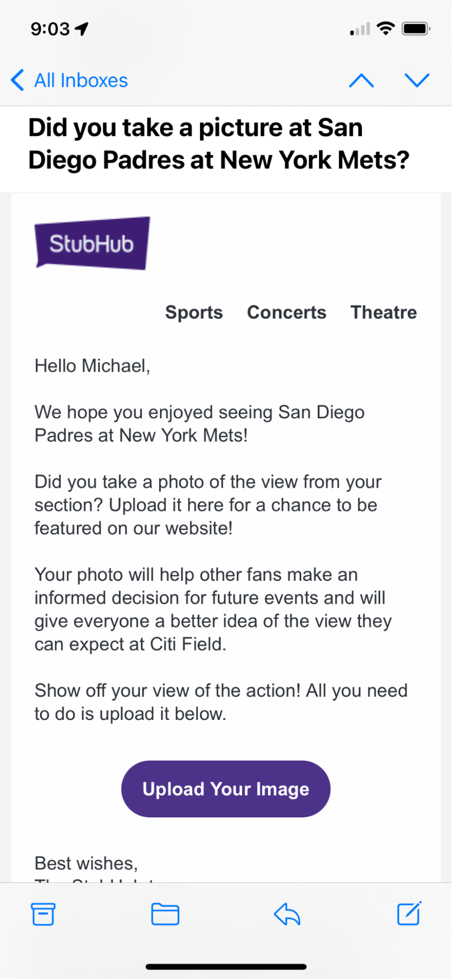 Screenshot of message, “Did you take a picture at San Diego Padres at New York Mets?” and instructions for uploading.