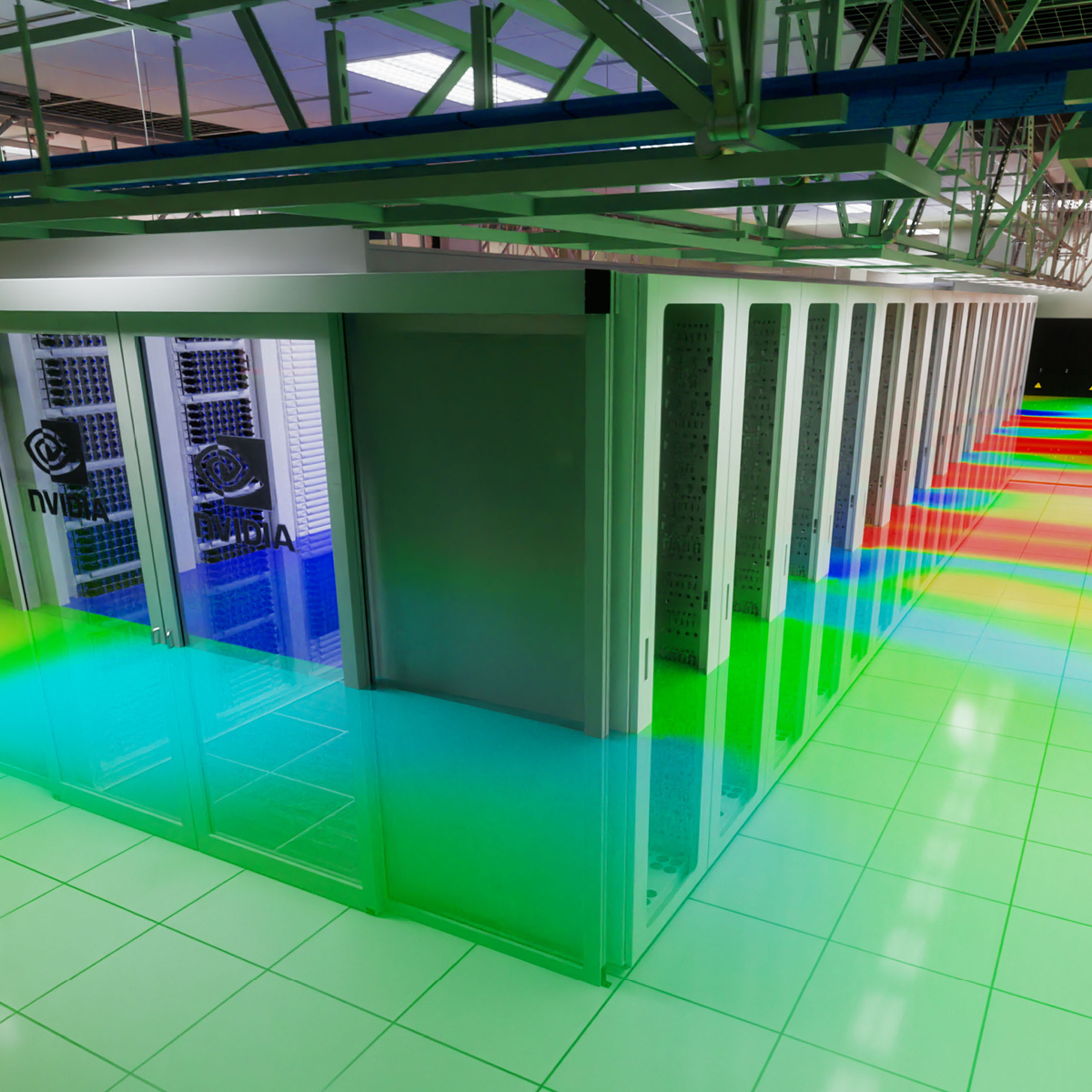 Image shows a simulation of the temperature and air flow in a data center equipped with NVIDIA BlueField-3 DPUs.