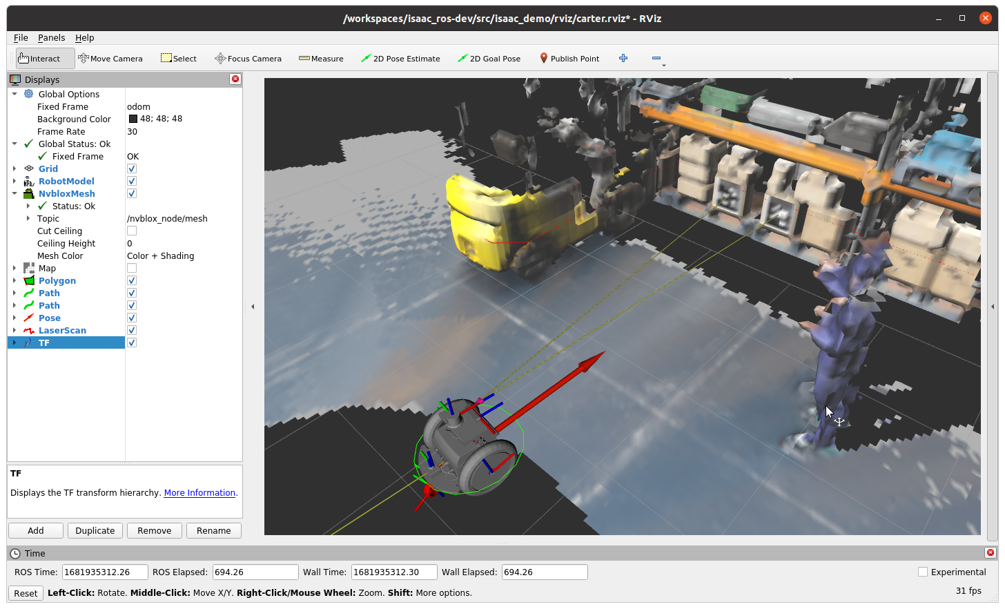 Screenshot shows that the Carter robot can detect two AprilTags in front of the camera. In this view the robot is also localized with NVIDIA Isaac ROS vslam and can generate a map with NVIDIA Isaac ROS nvblox.