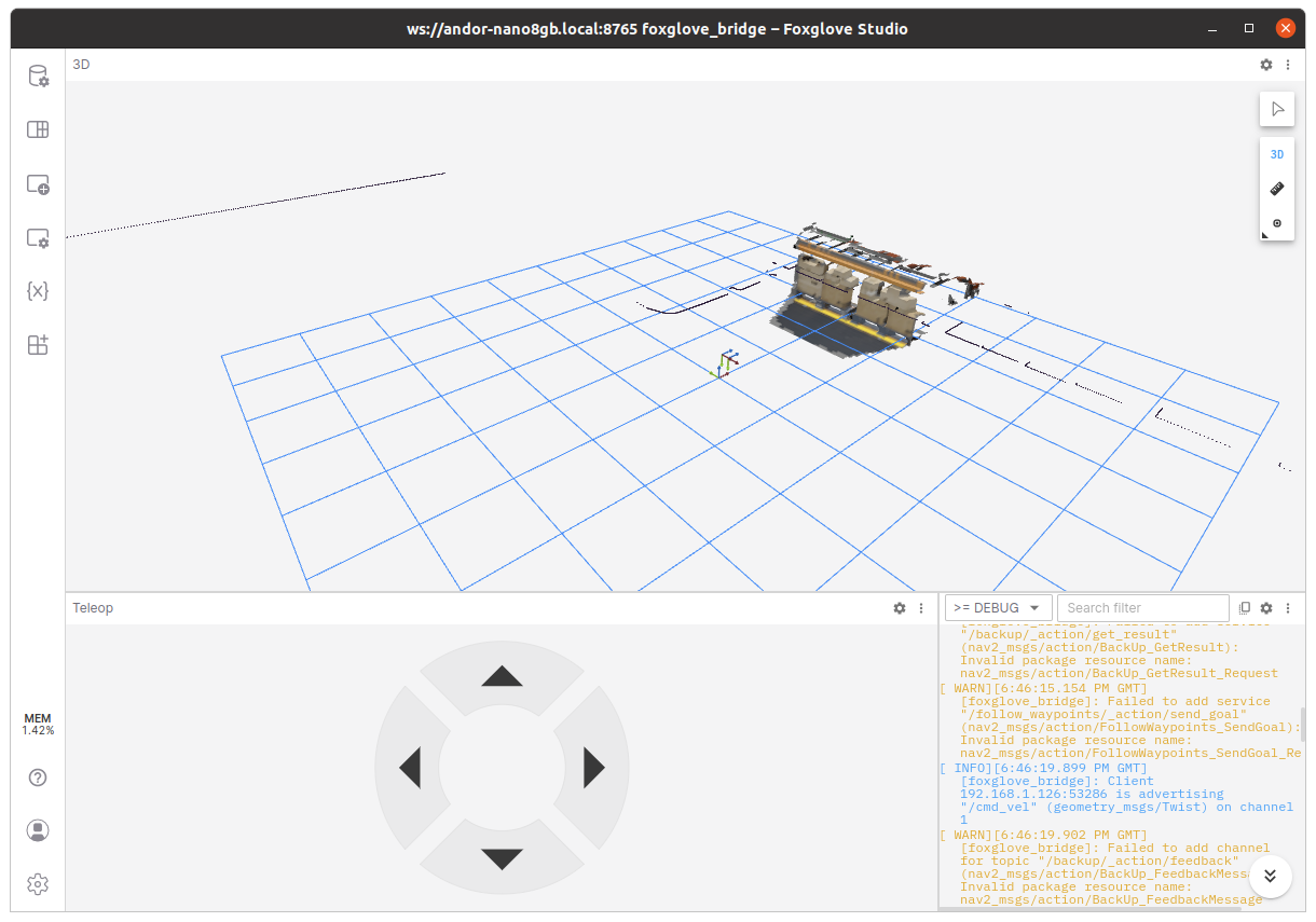 Screenshot shows gridded background and debugging panel for using Foxglove to visualize the output from NVIDIA Isaac ROS.