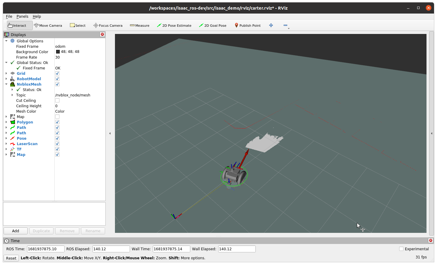 In this screenshot, Carter is making a 2D map starting from the obstacle detected with Isaac ROS proximity segmentation.