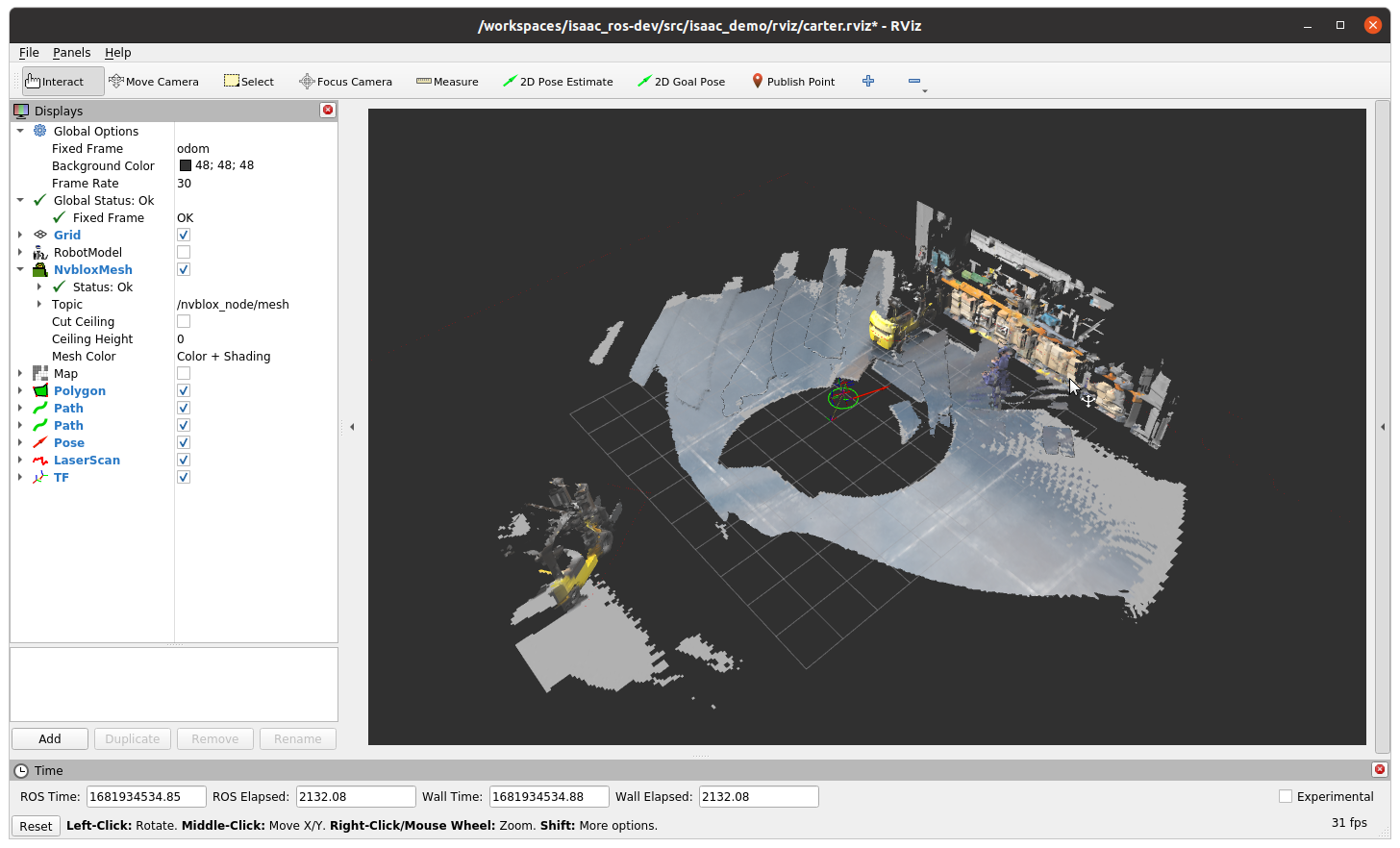Screenshot of Isaac ROS with the 3D map generated by nvblox and visualized on rviz.