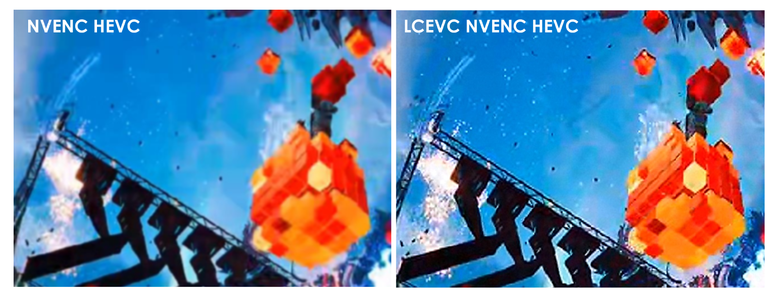 Two versions of the same image with HEVC compared to LCEVC enhanced HEVC at 25 Mbit/s. 