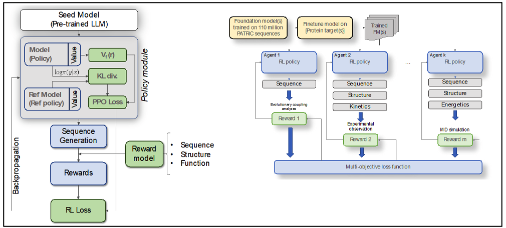 Diagram of models going through reinforcement learning steps of sequence generation, rewards, and RL loss.