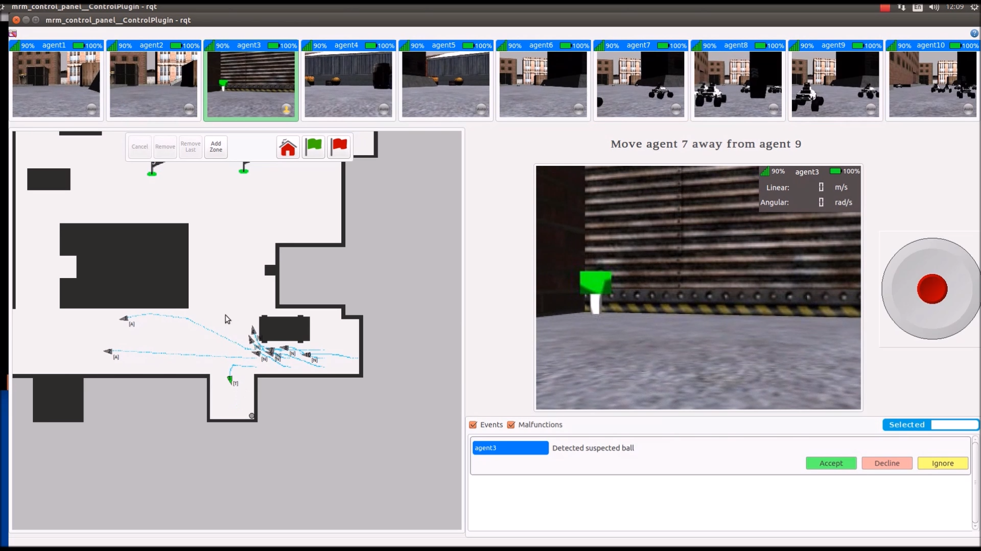Screenshot of video feed and map view for 10 robots
