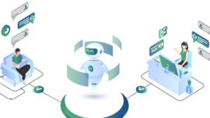Image of a chatbot as the interface between customers, with speech bubbles.
