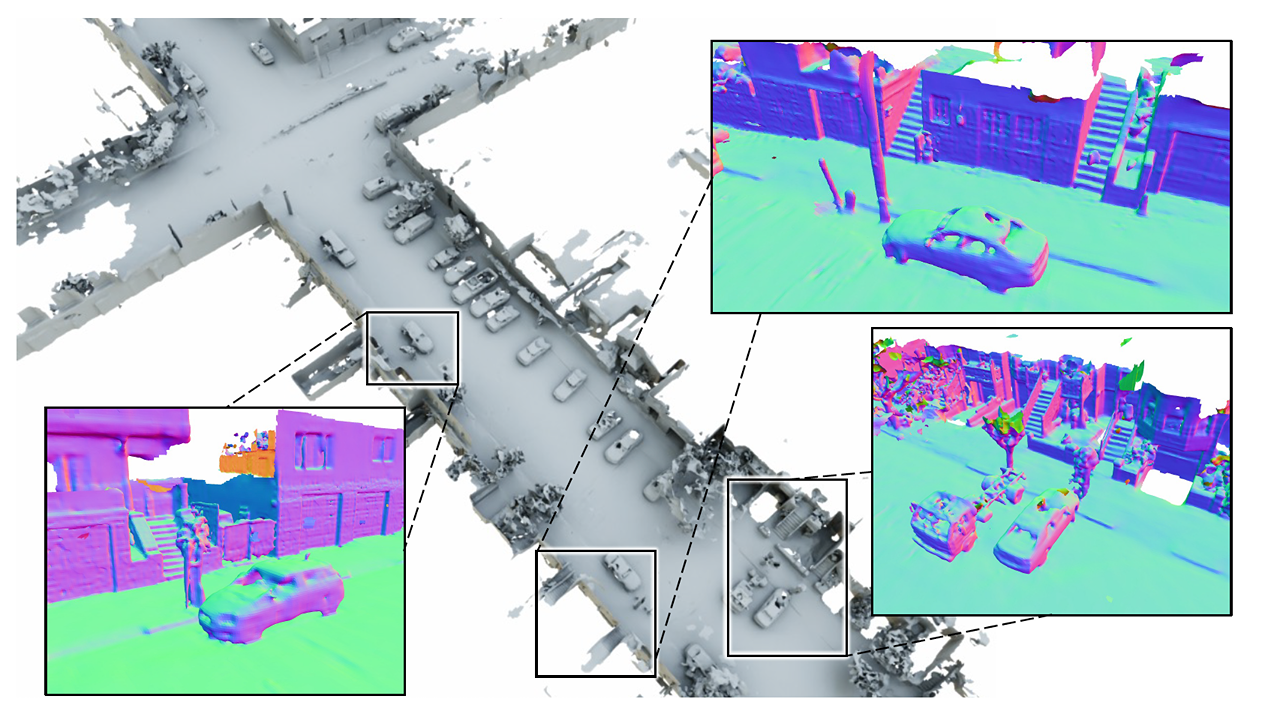 A 3D image of a street captured using NKSR.